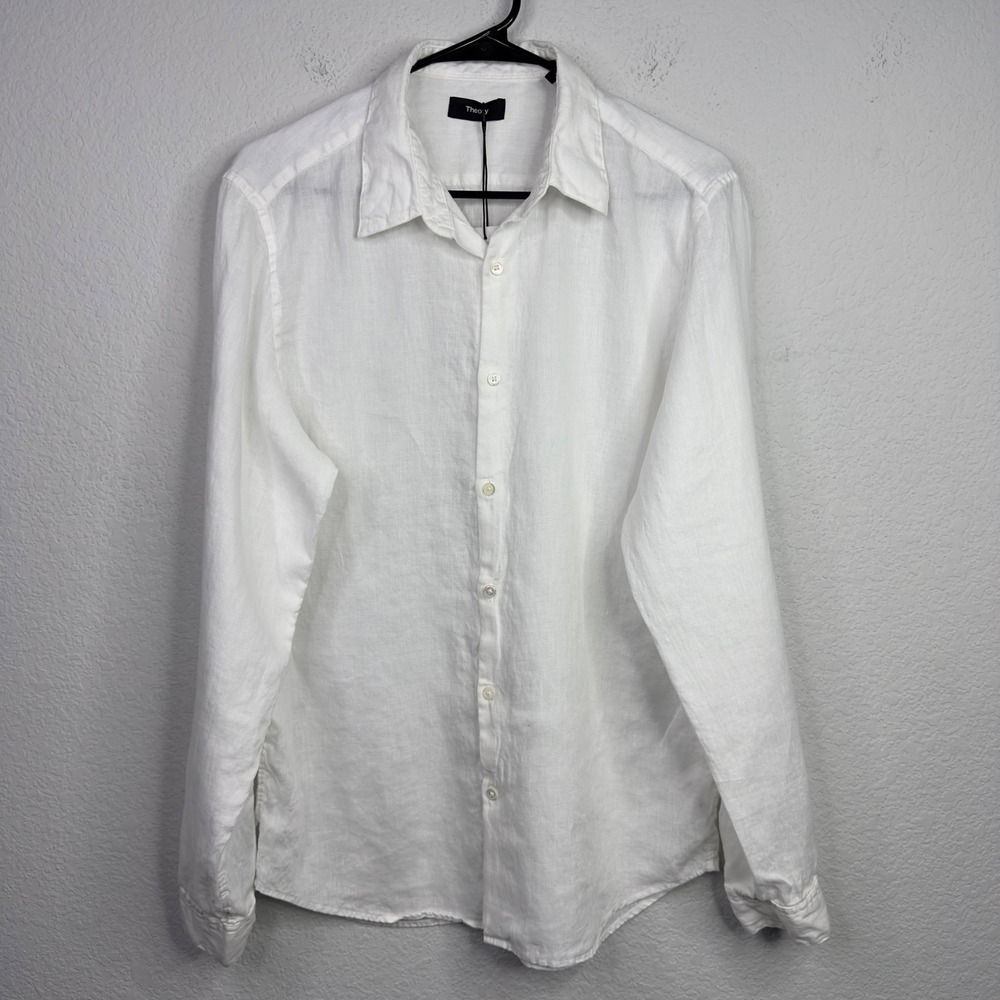 Theory Irving‎ Shirt Mens L White Linen Button Coastal Preppy Luxury Minimalist